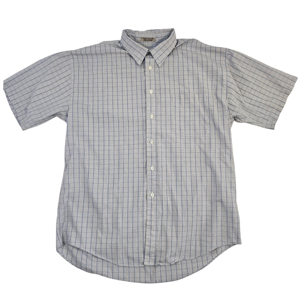 Sun River Mens Large Short Sleeve Button Down Shirt Blue Grey Grid Plaid Wrinkle